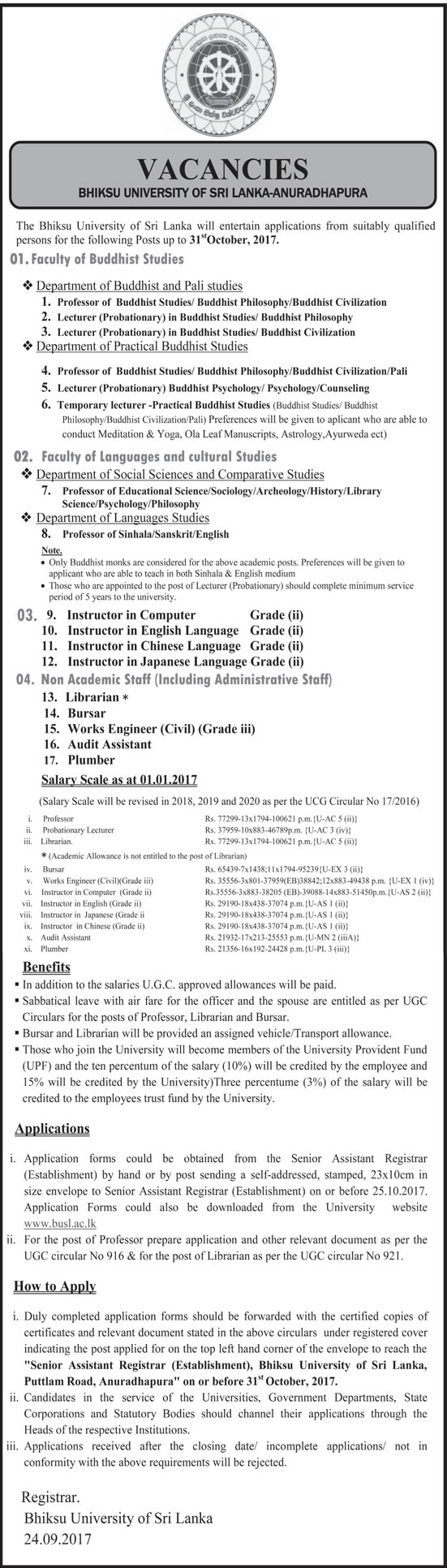 Professor, Lecturer, Instructor in Computer, Language Instructor (English, Chinese, Japanese), Librarian, Bursar, Works Engineer (Civil), Audit Assistant, Plumber - Bhikshu University - Anuradhapura